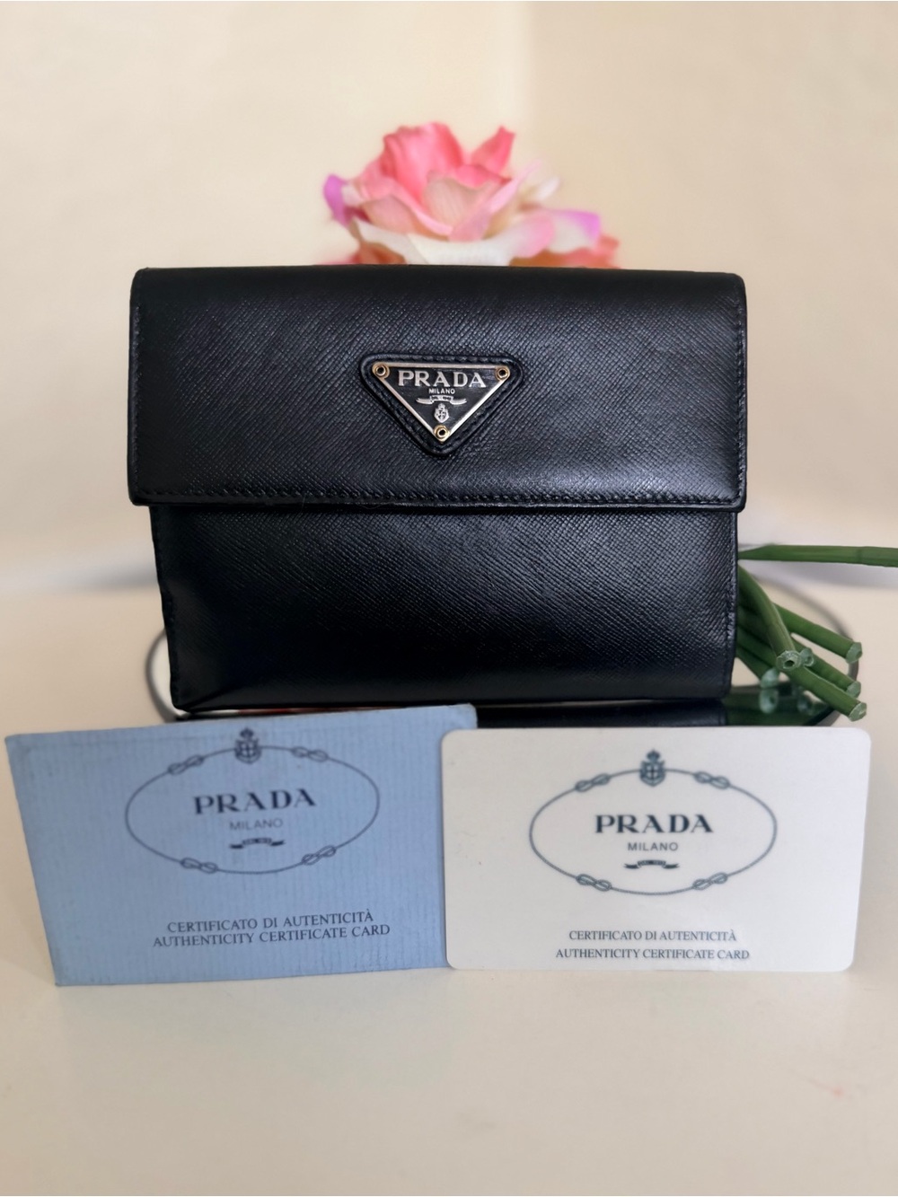 Prada Saffiano Leather Flap Wallet with COA Black Silver Hardware